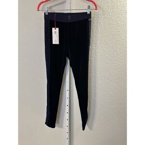 VDP Navy Velvet Leggings with Rhinestone Side Detail